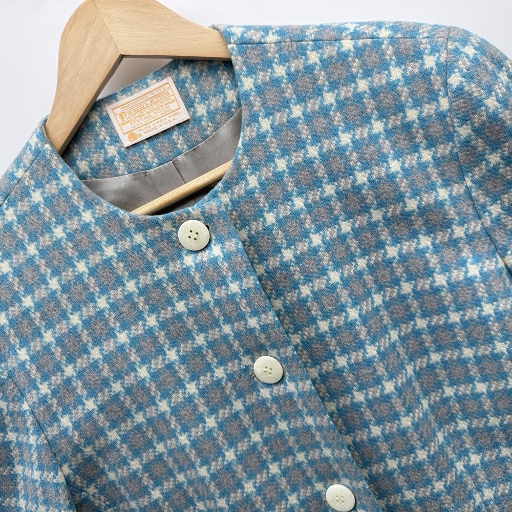 VTG Pendleton Wool Skirt Suit Set 12/14 Blue Plaid Houndstooth Tweed Made in USA
